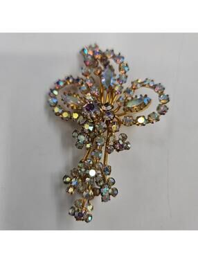 AUSTRIA Aurora Borealis Rhinestone Brooch Waterfall Cascade Floral Gold Vintage